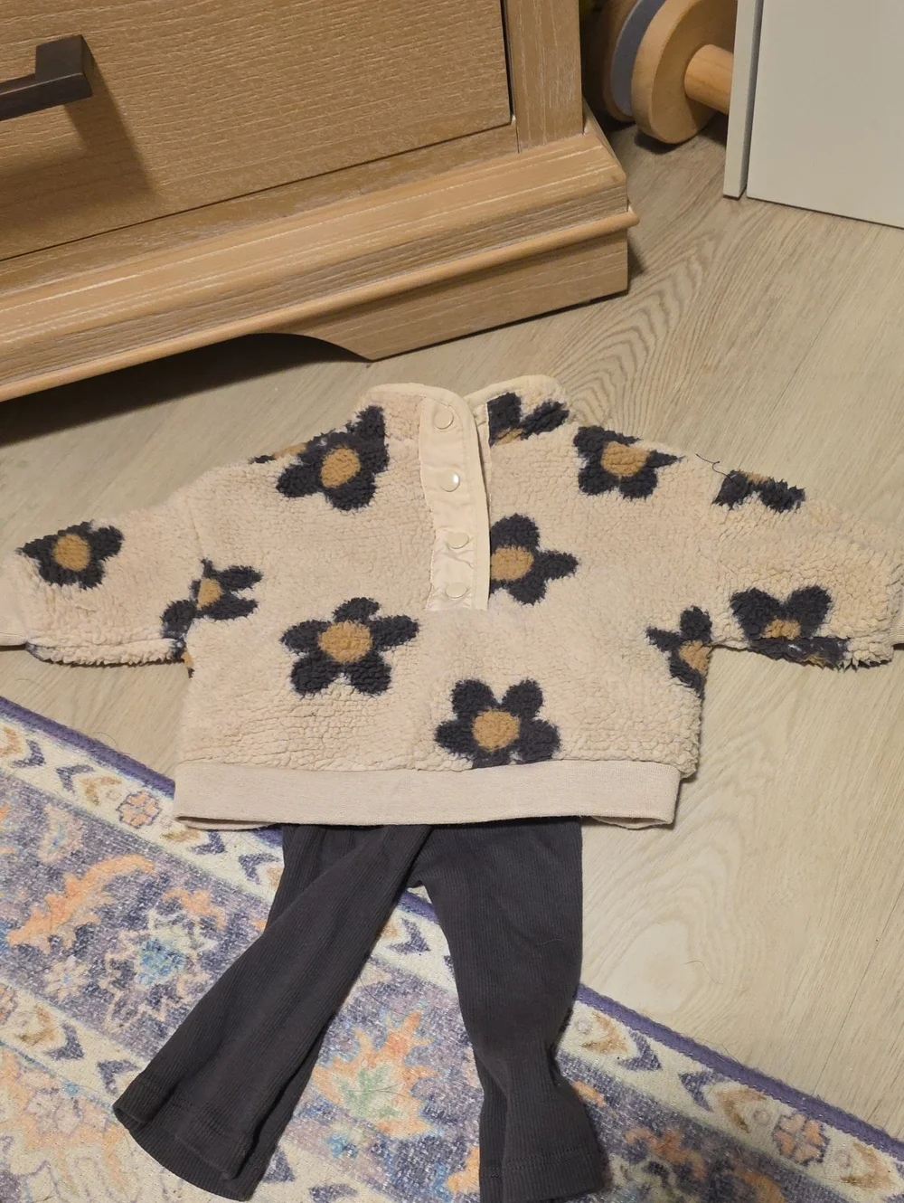 Cream Sherpa Pullover with Navy & Mustard Flower Print
